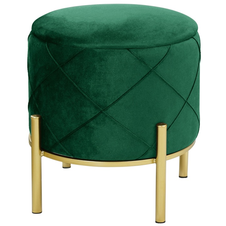 Taburet din Catifea Matlasata AKORD SAVANA cu Depozitare si Picioare Aurii Verde Sticla, Material Catifea, Baza Otel, Greutate Maxima Suportata 80 kg, Culoare Corp Auriu, Pouf cu Spatiu de Depozitare, Design Modern, Functional si Estetic