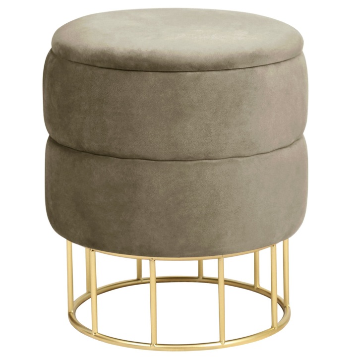 Taburet cu Depozitare AKORD din Catifea ELZA Bej cu Baza Aurie, Material Catifea, Baza Otel, Greutate Maxima Suportata 80 kg, Culoare Corp Auriu, Pouf cu Spatiu de Depozitare, Design Modern, Functional si Estetic, Utilizare Versatila