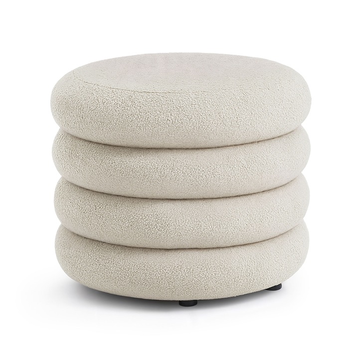 Taburet Cilindric cu Depozitare AKORD MOLLIS din Teddy Alb Ceata 55 cm, Material Teddy, Baza Baza din Lemn + MDF, Greutate Maxima Suportata 100 kg, cu Spatiu de Depozitare, Design Modern, Functional si Estetic, Utilizare Versatila