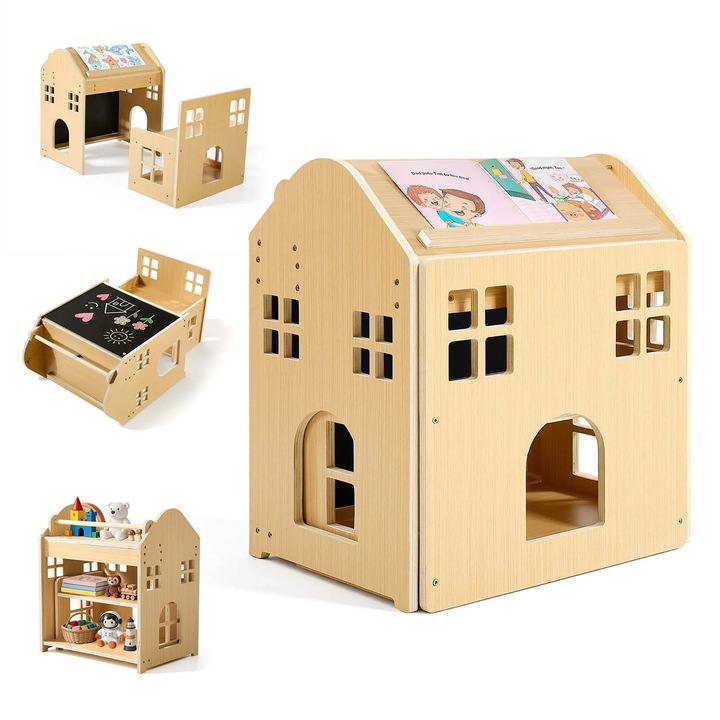 Set masa si scaun Montessori 3 in 1 pentru copii 1-5 ani, Blat reglabil 0°/35°, Tabla de desen detasabila, Spatiu depozitare, Lemn, Natur