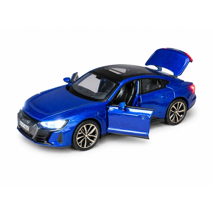 Fém kisautó Audi e-tron GT fehér, 1:32 méretarányú, nyitható ajtókkal, motorháztetővel és csomagtartóval, pull-back funkcióval, fényekkel és hangokkal, Kék