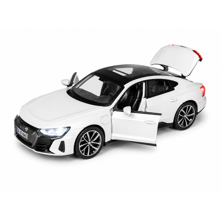 Fém kisautó Audi e-tron GT, 1:32 méretarányú, nyitható ajtókkal, motorháztetővel és csomagtartóval, pull-back funkcióval, fényekkel és hangokkal, Fehér