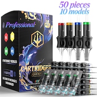 Set 50 Cartuse pentru tatuaje Fain Mioritic®, Kit profesional pentru tatuaje, Ace rotunde de calibru 12/ace de conturat/ace de umbrire, Dimensiuni 5RL, 7RL, 9RL, 5RS, 7RS, 9RS, 7M1, 15M, 117RM, 15RM, Compatibil cu toate aparatele de tatuat