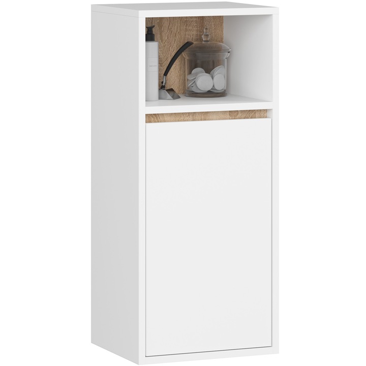 Dulap de Baie Suspendat AKORD VAMI Alb 35 cm, 1 Usa Interior Stejar Sonoma, 3 Rafturi 35x30x80 cm, Material PAL Laminat, Tip de Mobilier Suspendat, Tip de Usi Batante, Ideal pentru Baie, Design Modern, Solutie Practica pentru Casa, Usor de Intretinut