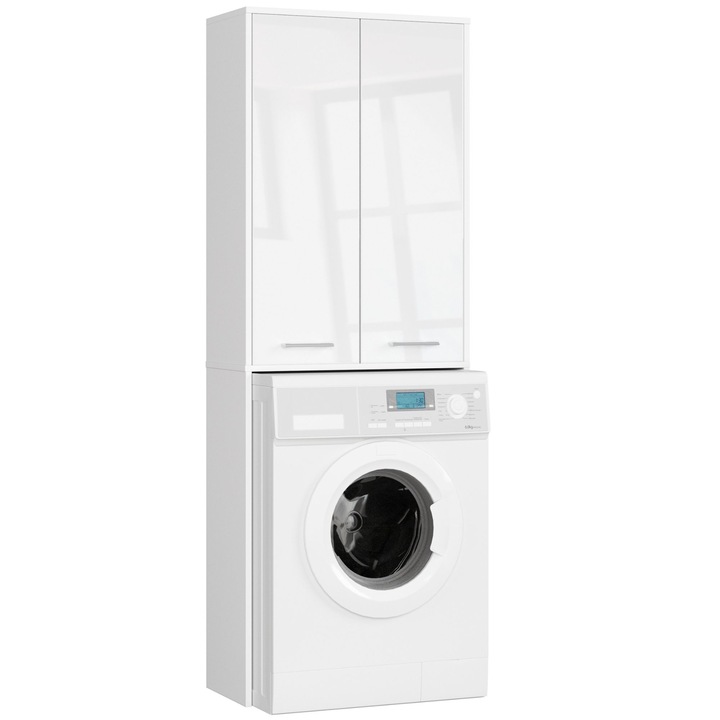 Dulap Coloana Baie pentru Masina de Spalat AKORD FIN Alb/Alb Lucios 64x30x180 cm, Material PAL Laminat, Tip de Mobilier de Podea, Tip de Usi Batante, Ideal pentru Baie, Design Modern, Solutie Practica pentru Casa, Usor de Intretinut