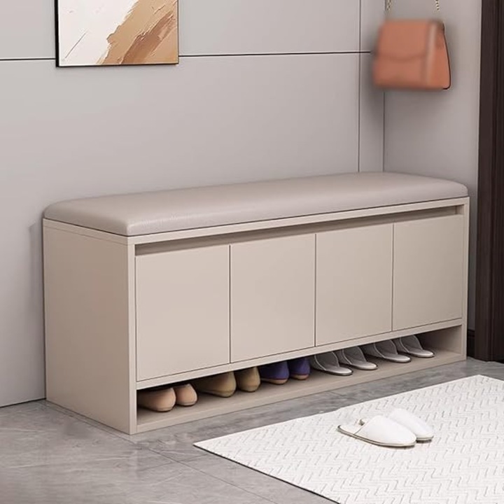Пейка за съхранение на обувки Vivendo от MDF, 43x35x120см, 10-20 чифта обувки, Капацитет 150 кг, Врати с панти, Удобна седалка, Антре Спалня, Шкаф за обувки Организация, Бежов