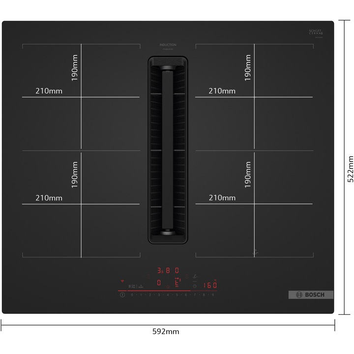 Plita incorporabila cu hota intergrata Bosch PVQ61AH26E, Inductie, 4 zone de gatit, Putere de absorbtie 595 mc/h, DirectSelect, PerfectFry Plus, CombiZone, Home Connect, Multitouch+, 17 trepte putere, 60 cm, Sticla negru mat - Imaginea 2 din 18