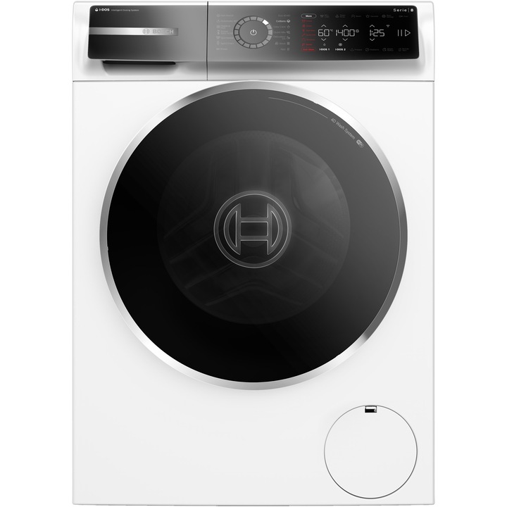 Masina de spalat rufe Bosch Seria 8 WGB254A3BY, 10 Kg, 1400 RPM, i-DOS, Touch control, Iluminare interioara, Iron Assist, Added steam, Home Connect, Mini load, SilencePowerDrive, Clasa A, 60 cm, Alb