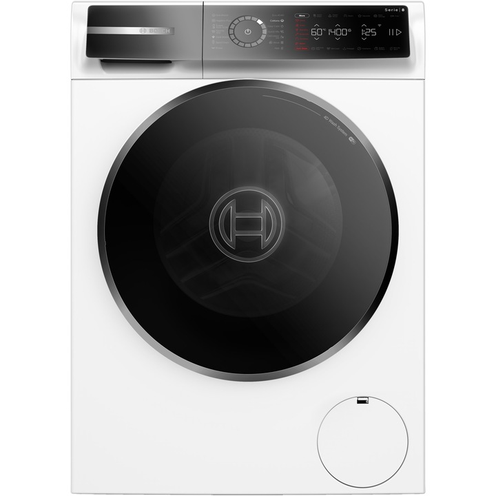 Masina de spalat rufe Bosch Seria 8 WGB25401BY, 10 Kg, 1400 RPM, Touch control, Iluminare interioara, Iron Assist, Added steam, Home Connect, Mini load, SilencePowerDrive, Clasa A, 60 cm, Alb
