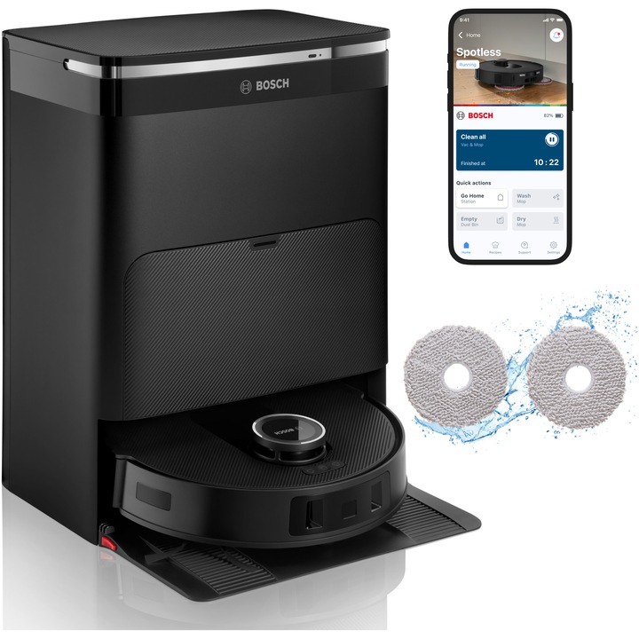 Robot de aspirare Bosch Spotless Max BCRDW3B, aspirare & spalare, 5700 mAh, putere maxima 11000 PA, recipient de praf 300ml, cos de praf statie 3,0 l, rezervor apa curata statie 4,0 l, rezervor apa murdara statie 3,5l, Negru