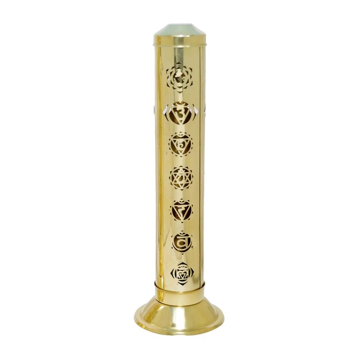 Füstölőtartó – Fém torony csakra szimbólumokkal, arany, 28 cm