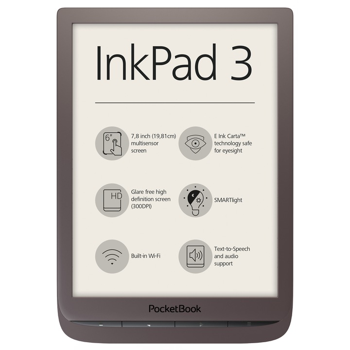 eBook Reader PocketBook Inkpad 3, 7.8" E Ink Carta,, 8 GB, Audio out, SMARTlight, Кафяв