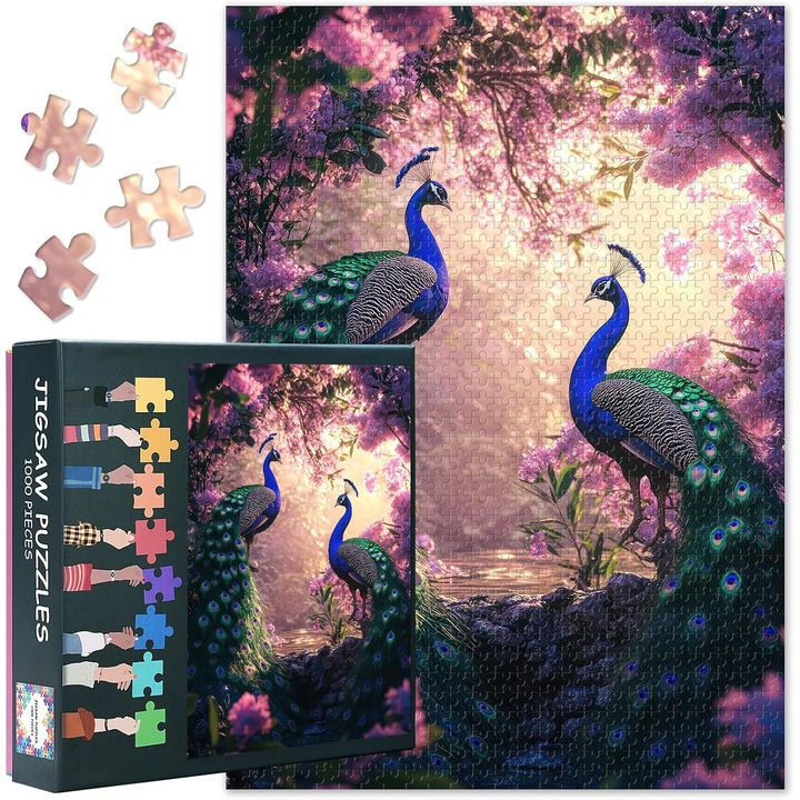 Puzzle 1000 Piese Adulti: Paun Magnific in Gradina Inflorita, 50x70 cm