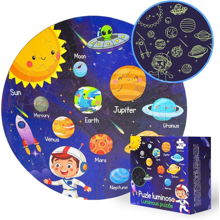 Puzzle Sistem Solar Luminos pentru Copii - 70 Piese, 58 cm