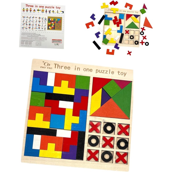 Set Puzzle Montessori 3 in 1 din Lemn: Tangram, Tetris, XOXO