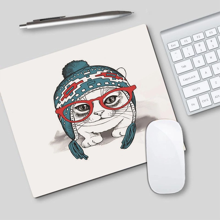 Mouse pad YANYXR BCS2944083, suport anti-alunecare din cauciuc cu suprafata textila, design pisica colorat, multicolor, 24 x 20 cm