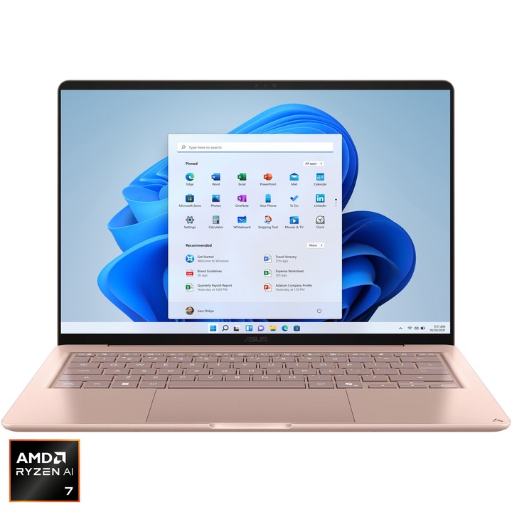 Laptop ASUS Zenbook 14 UX3480KA cu procesor AMD Ryzen™ AI 7 345 pana la 4.6GHz, 14'', Full HD, OLED, 16GB LPDDR5X RAM, 512GB SSD, AMD Radeon™ Graphics, Windows 11 Home, Rose Pink