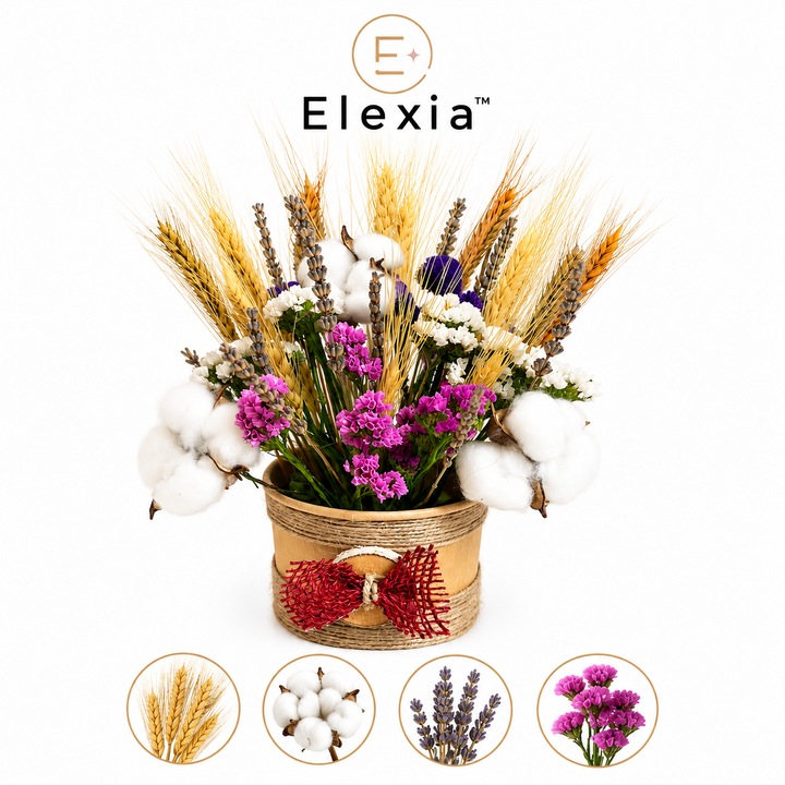 Aranjament Floral Decorativ ELEXIA™ cu Flori Naturale Uscate, Bumbac, Spice de Grau, Lavanda si Imortele, Suport Rustic din Carton cu Sfoara, Rondea din Lemn Natural si Fundita din Rafie, Inaltime 27 cm, Diametru 10 cm, Multicolor