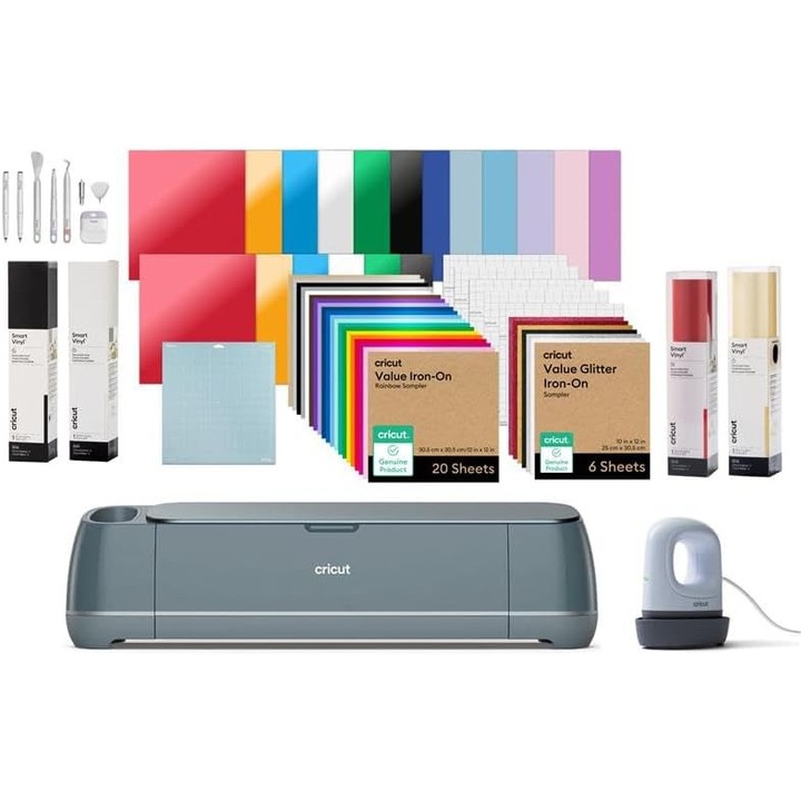 Plotter de taiere Cricut Maker 4 Ultimate Bundle, kit complet cu accesorii, masina inteligenta pentru vinil, textile, piele si carton, Print Then Cut, gri
