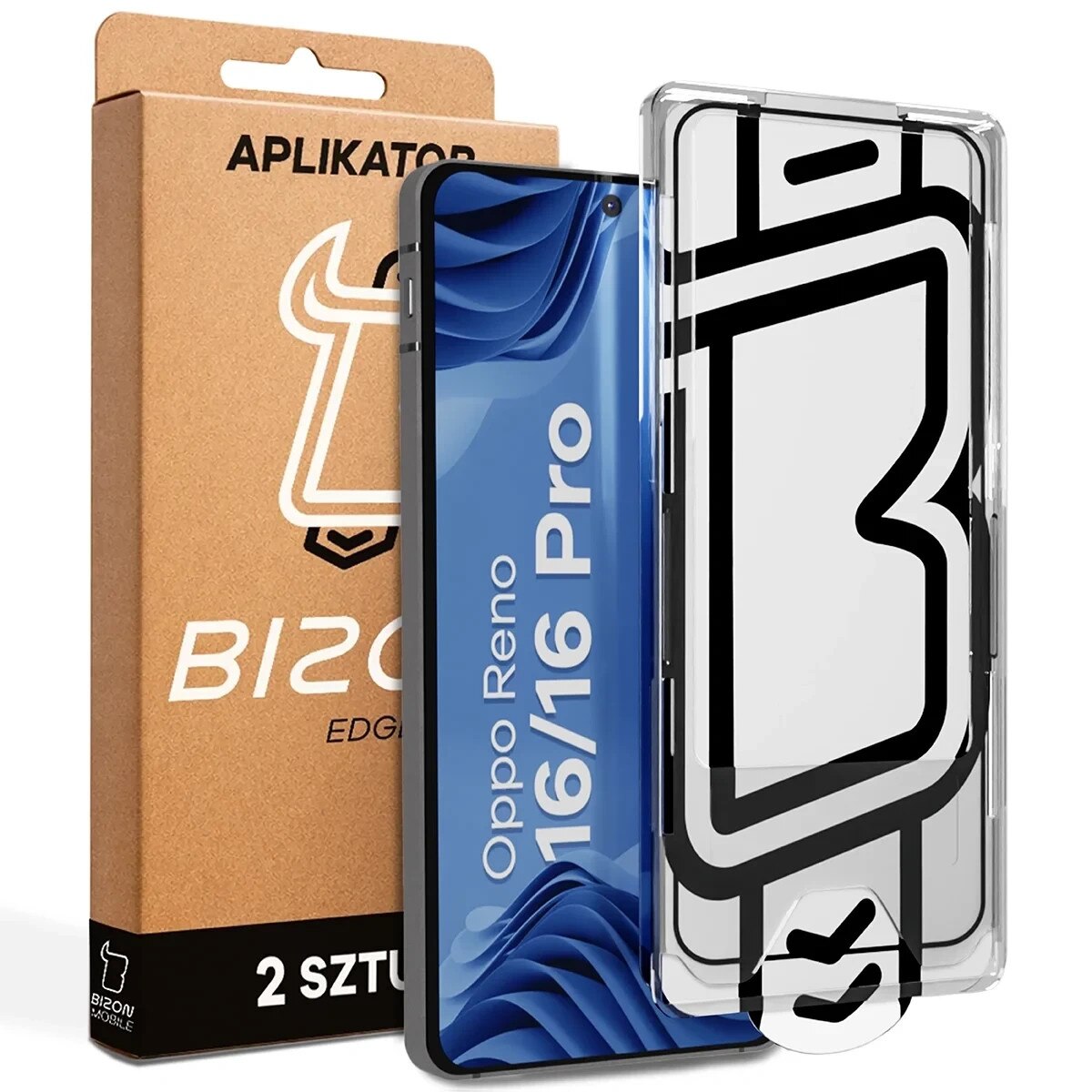 Set 2 folii sticla securizata Bizon Glass Aplikator Edge, Kit montare inclus, compatibile cu Oppo Reno 16 / 16 Pro, Negru