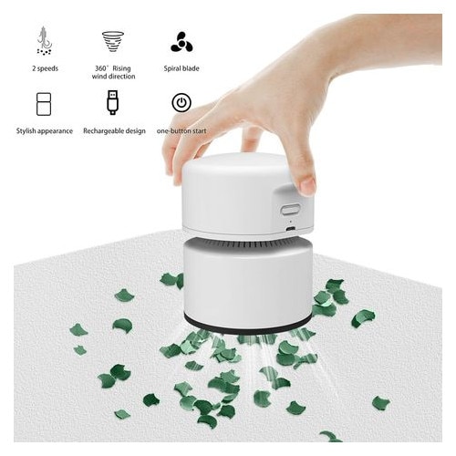 Mini aspirator desktop MIGJJ-081105014, USB reincarcabil, baterie 1800 mAh, autonomie pana la 120 min, 800 Pa, capacitate 58 ml, alb, 81 x 81 x 104 mm