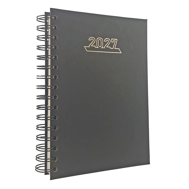 Agenda datata 2027 Stilus A5, cu o zi lucratoare pe pagina, 360 pagini, Coperta buretata Neagra, Spira metalica la vedere