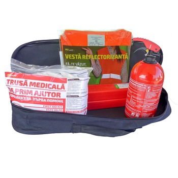Kit siguranta auto RoGroup : trusa medicala, 2 x triunghi, stingator, vesta + geanta depozitare Kit siguranta auto RoGroup : trusa medicala, 2 x triunghi, stingator, vesta + geanta depozitare