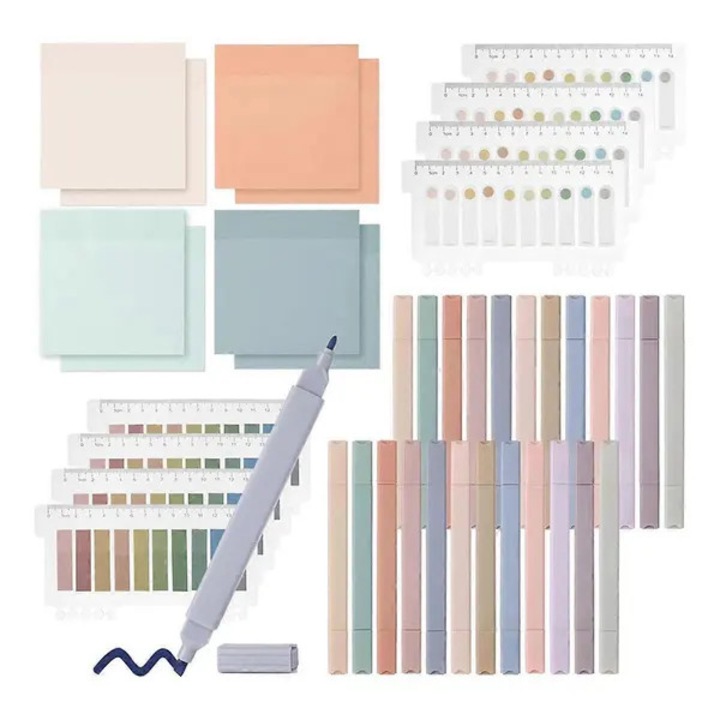 Set markere evidentiatoare stergibile si notite adezive Morandi, multicolor, 24 markere, 1200 buc., 400 notite 7.6x7.6 cm si 800 etichete 1.1x4.5 cm