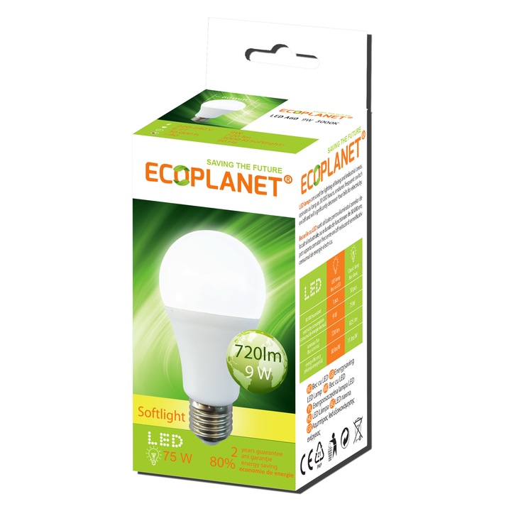 Bec LED Ecoplanet, E27, 9W (75W), 810 LM, F, lumina calda 3000K, Mat