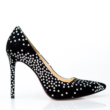 Pantofi dama, Thea Visconti, negru-velur cu imprimeu stelute, toc 9,5 cm, Negru Pantofi dama, Thea Visconti, negru-velur cu imprimeu stelute, toc 9,5 cm, Negru