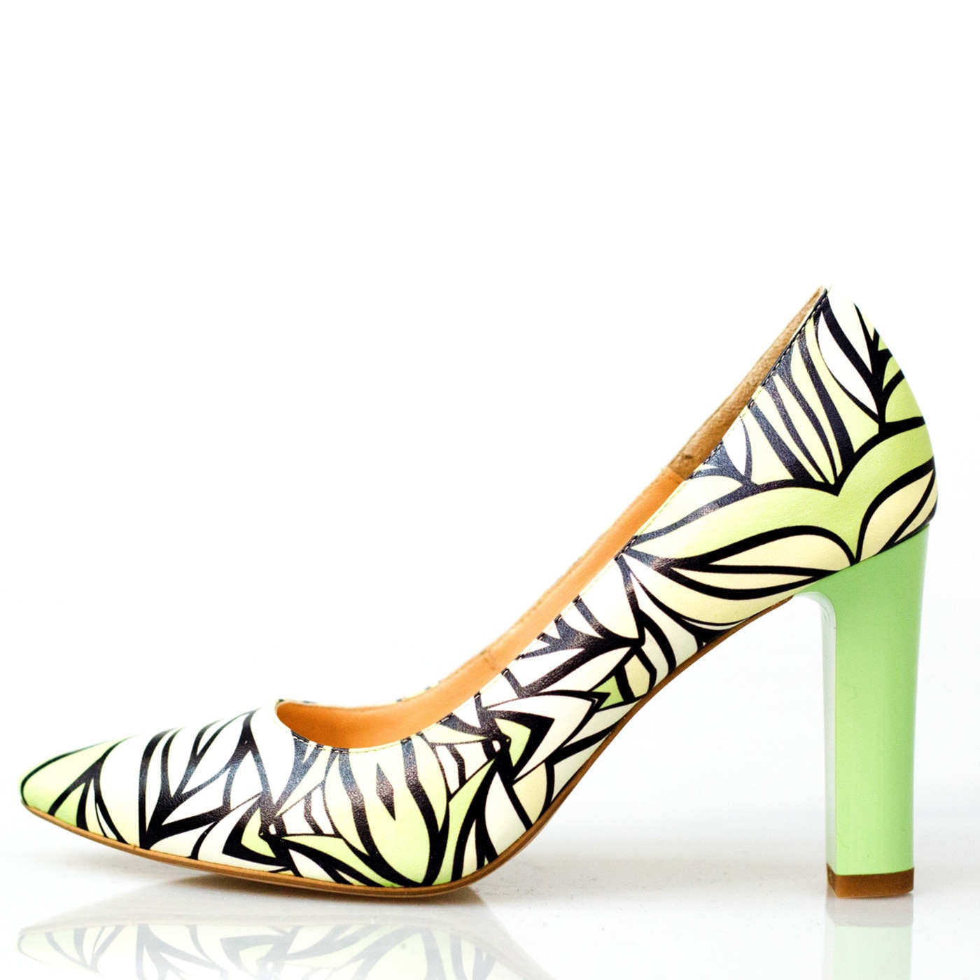 Pantofi dama, Thea Visconti, print frunze verzi, toc 9 cm, Multicolor