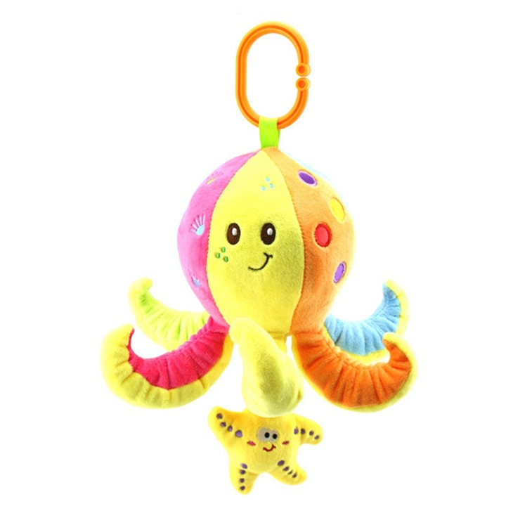 Jucarie muzicala din plus pentru copii si bebelusi Happy Monkey, cu agatatoare pentru patut si carucior, dimensiuni 30.5X18 centimetri, model caracatita