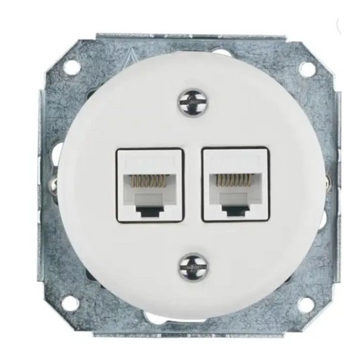 Priza Dubla LAN Cat.6 RJ45 Ceramica Alba Retro Vintage