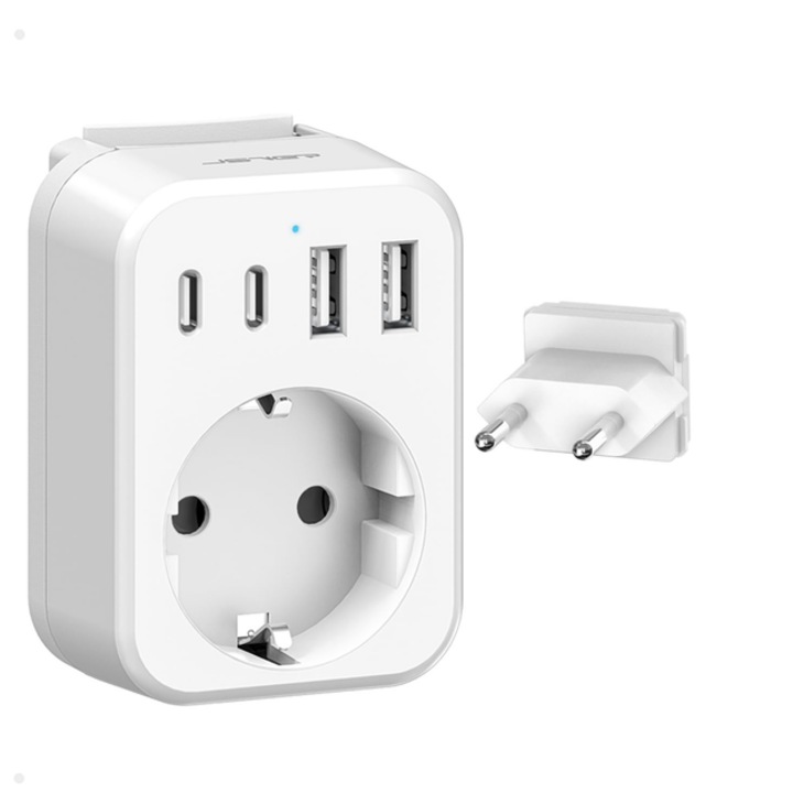 Priza Adaptor Jsver, Incarcare Rapida 4 Porturi Usb, 3680W, Alb