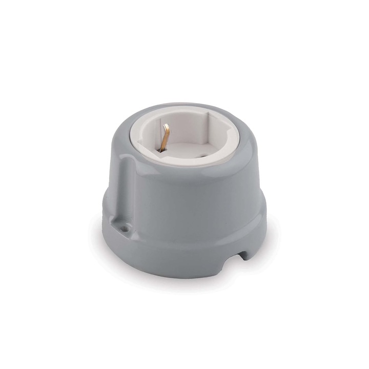 Priza Dubla Portelan Vintage 10/16A, Gri Ceramic