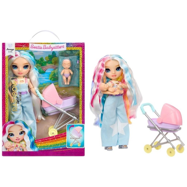 Комплект кукла MGA Rainbow High Amaya Bestie Babysitters, винилова кукла с бебе и количка, многоцветен, код 801824