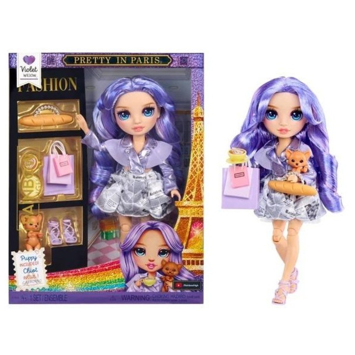Кукла Rainbow High MGA Violet Pretty in Paris (801823), с аксесоари, винил, колекционерска кутия с прозорец, многоцветна, 1 бр.