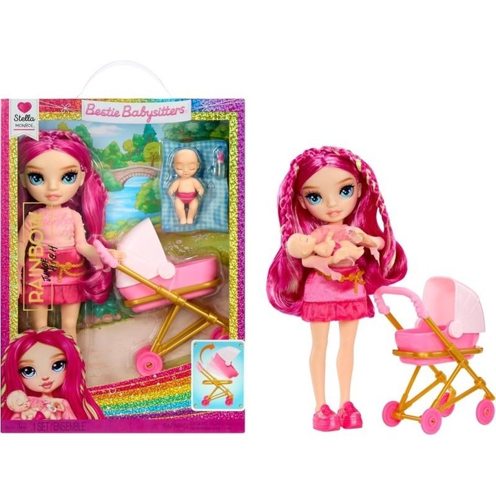 Кукла MGA Rainbow High Jr High Bestie Babysitters Stella, комплект с количка и бебе, многоцветен, код 801826