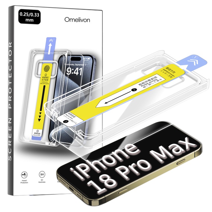 Folie de Protectie pentru iPhone 18 Pro Max, Omelivon, Claritate Full HD, Sticla temperata, Cu Kit de Aplicare Instanta si Functie Automata de Indepartare a Prafului, Duritate 9H, Advanced touch sensitivity, Acoperire oleofoba, Anti-amprente