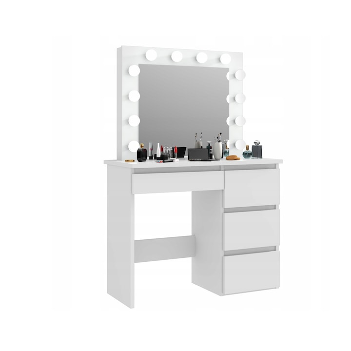 eMobili Fésülködő asztal LED tükörrel, Smink, kozmetikumok tárolására, Modern tükörrel, 94 x 43 x 140 cm, Fehér