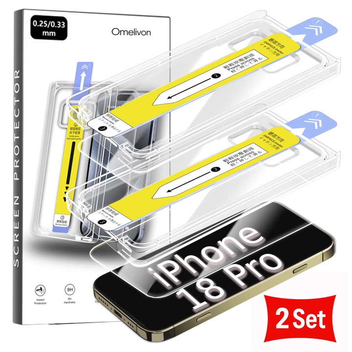 Set 2 Folii de Protectie pentru iPhone 18 Pro, Omelivon, Claritate Full HD, Sticla temperata, Cu Kit de Aplicare Instanta si Functie Automata de Indepartare a Prafului, Duritate 9H, Advanced touch sensitivity, Acoperire oleofoba, Anti-amprente
