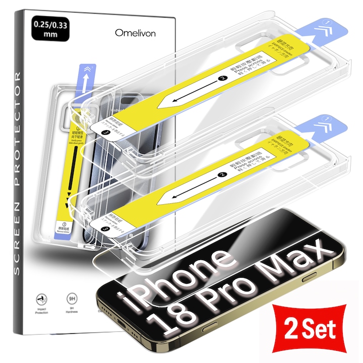 Set 2 Folii de Protectie pentru iPhone 18 Pro Max, Omelivon, Claritate Full HD, Sticla temperata, Cu Kit de Aplicare Instanta si Functie Automata de Indepartare a Prafului, Duritate 9H, Advanced touch sensitivity, Acoperire oleofoba, Anti-amprente
