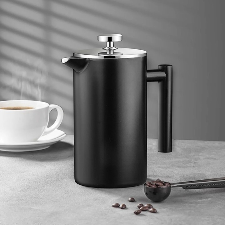 Presa franceza pentru cafea YANYXR BCS2970233, otel inoxidabil dublu perete, izolata, filtru cu plasa fina, negru, 800 ml
