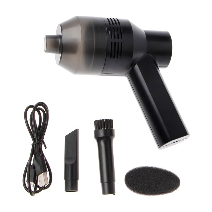 Aspirator de mana mini MIHX-081200122, USB reincarcabil, baterie 2000 mAh, autonomie 25–35 min, fara fir, cu duza perie si duza plata, negru