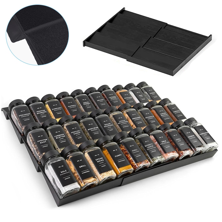 Suport Extensibil Pentru Condimente Pentru Sertar, Organizator Negru Pentru Condimente, 4 Tier Spice Organizer Shelf, Suport Pentru Condimente Pentru Dulap, Suport Pentru Condimente De Blat