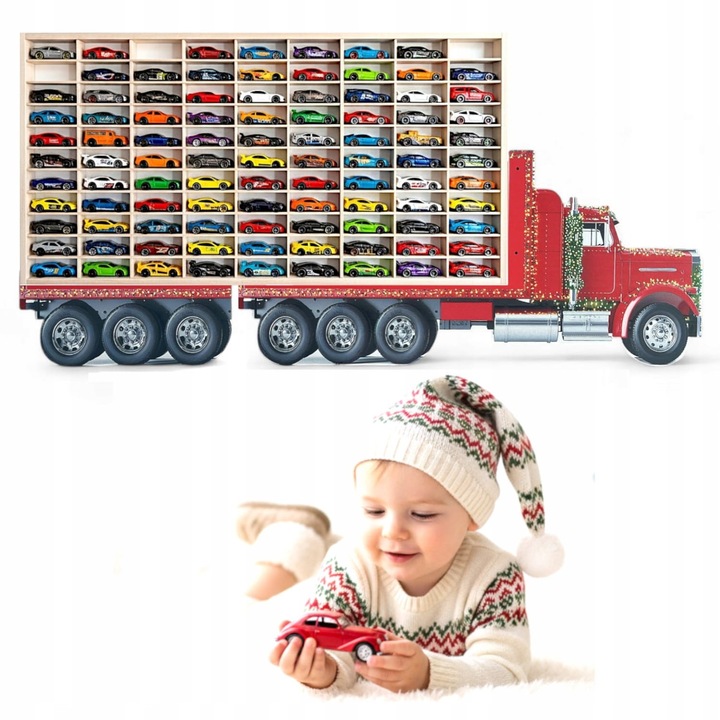 Raft de perete Sklejkowo pentru masinute 1:64, 80 compartimente, rosu, motiv camion
