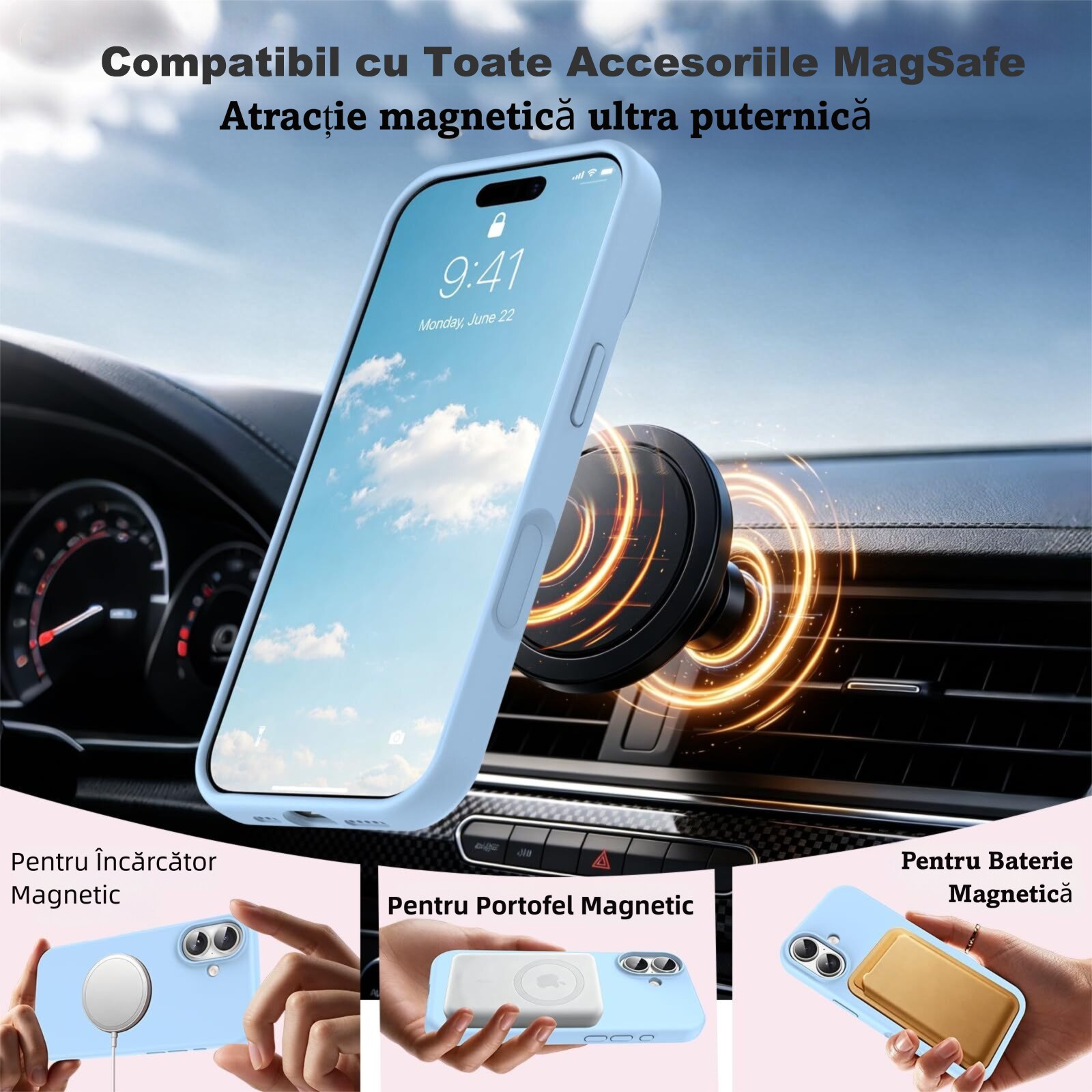 Husa de Magnetica Compatibila cu iPhone 17 de 6, 3 inci, MOGU, Soft Silicone Lichid Cu Interior Microfibra, Carcasa Compatibila cu MagSafe Incarcare Wireless, Rezistenta la Socuri, Buton de Control al Camerei din Silicon, Ultra Slim, Albastru cer