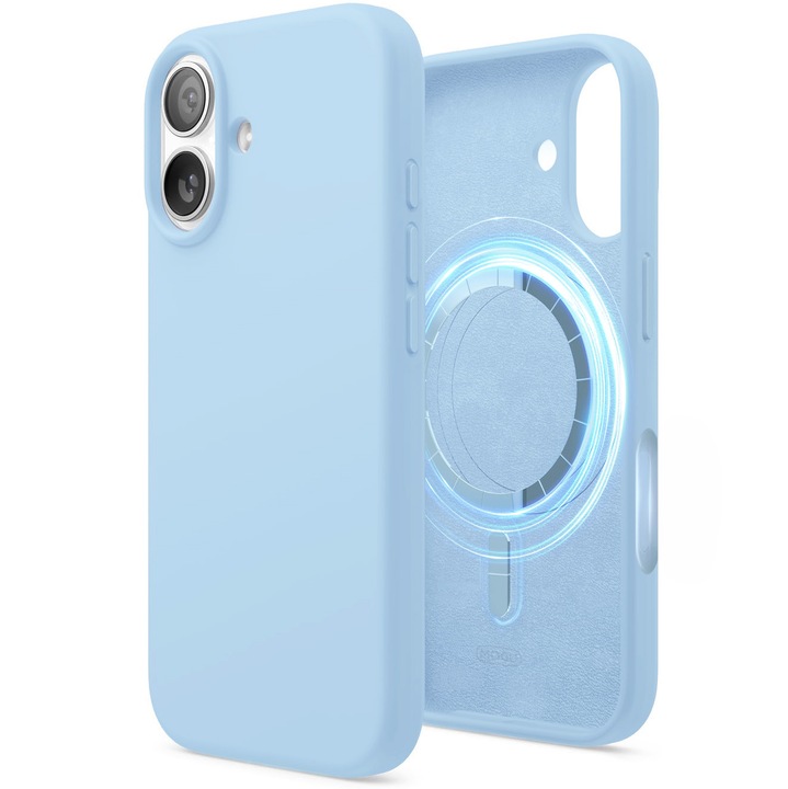 Husa de Magnetica Compatibila cu iPhone 17 de 6, 3 inci, MOGU, Soft Silicone Lichid Cu Interior Microfibra, Carcasa Compatibila cu MagSafe Incarcare Wireless, Rezistenta la Socuri, Buton de Control al Camerei din Silicon, Ultra Slim, Albastru cer