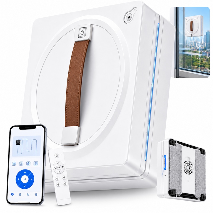 Robot Curatare Geamuri GETWINS® – Curatare Inteligenta cu Detectarea Marginilor, Pulverizare Automata Dubla, Planificare Traseu, 3 Moduri de Curatare, Aderenta prin Vacuum, Sistem UPS Anti-Cadere, Control prin Telecomanda, 90W