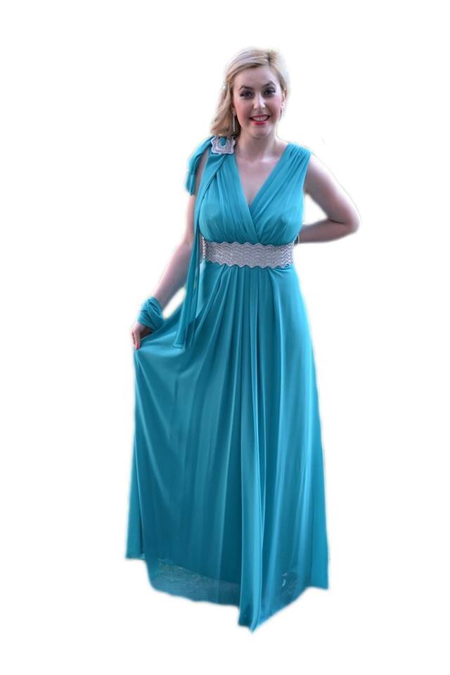 Rochie lunga, cu cristale in talie si pe umarul drept , D&J Exclusive, Turcoaz